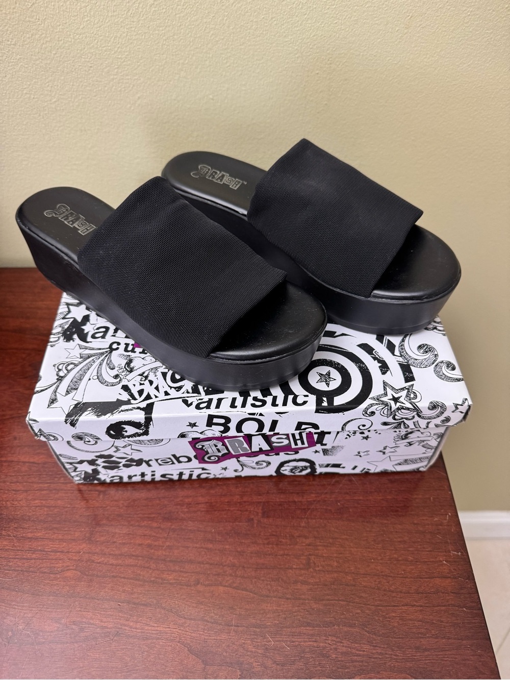 Brash Black Chunky Platform Slide Sandals Stretchy Mesh Y2K Wedge